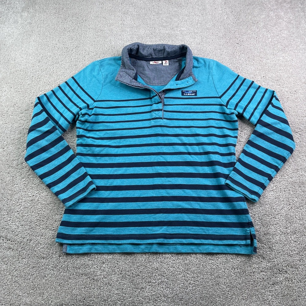 LL Bean Sweatshirt‎ Womens Medium Blue Stripes Soft Cotton Rugby Henley Preppy